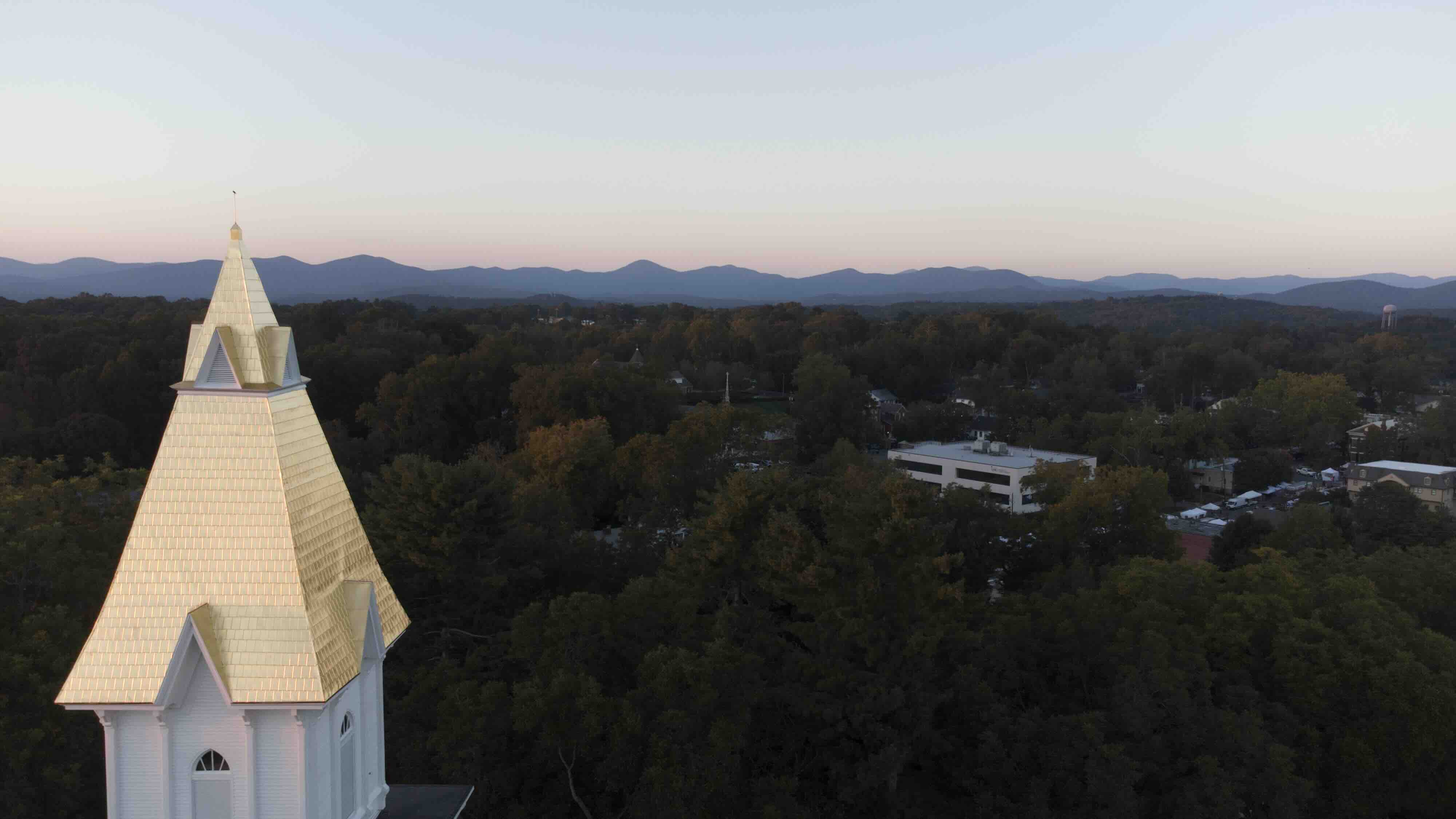 Golden-hour aerial drone photo over Dahlonega, Georgia