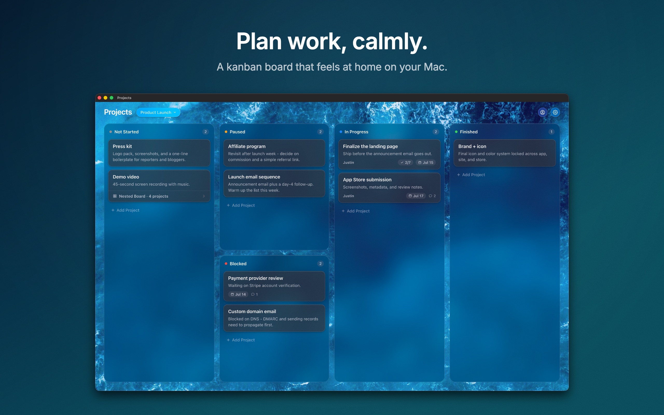Projects showing work across Not Started, Paused, In Progress, Blocked, and Finished columns