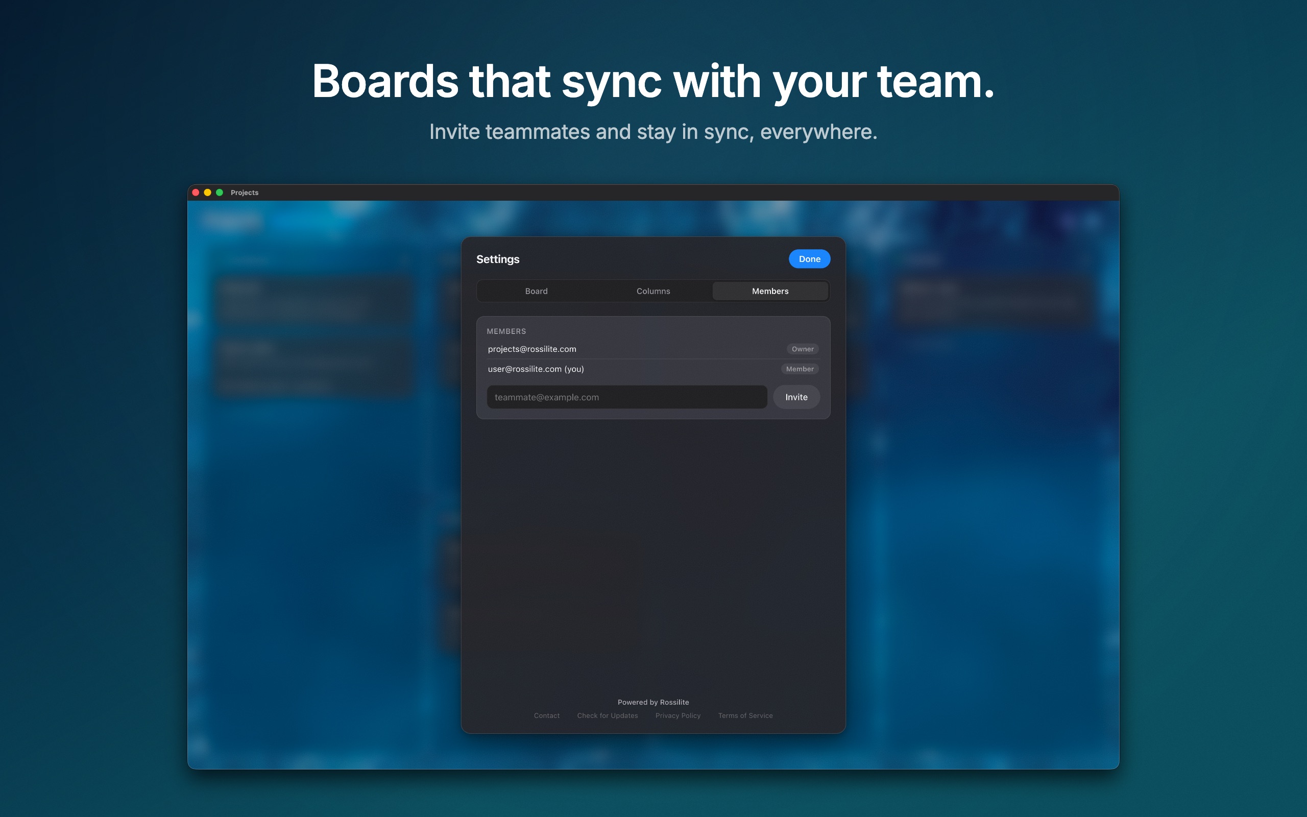 Projects cloud board sharing interface