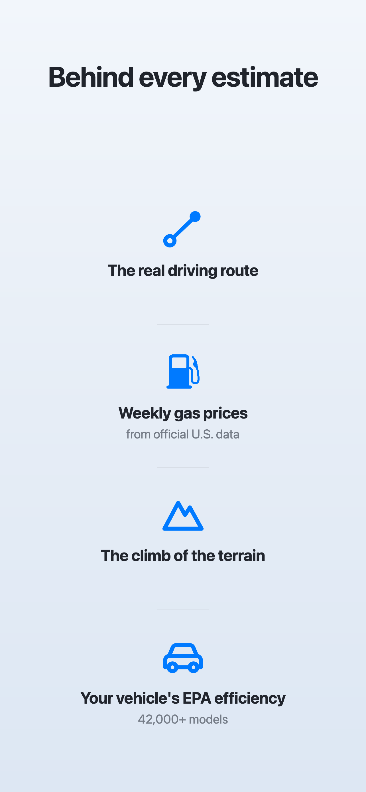 The factors behind a Wayfuel estimate: route, gas prices, terrain, and EPA efficiency