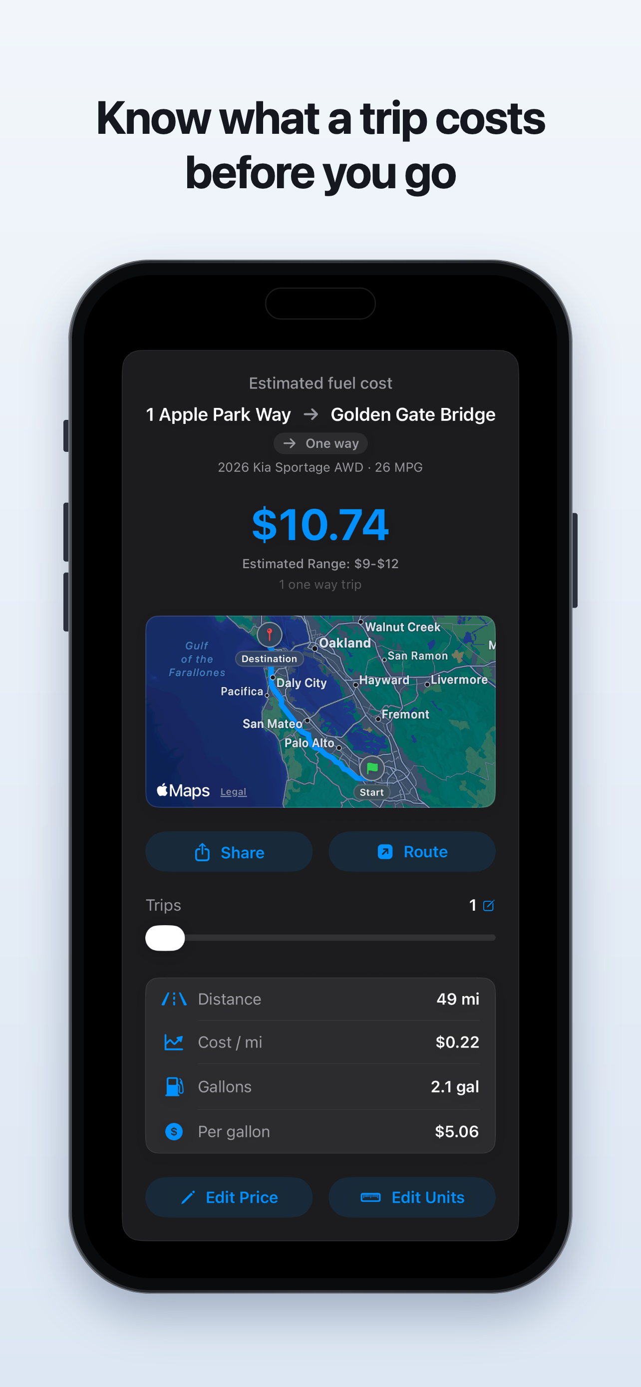Wayfuel trip estimate on an iPhone